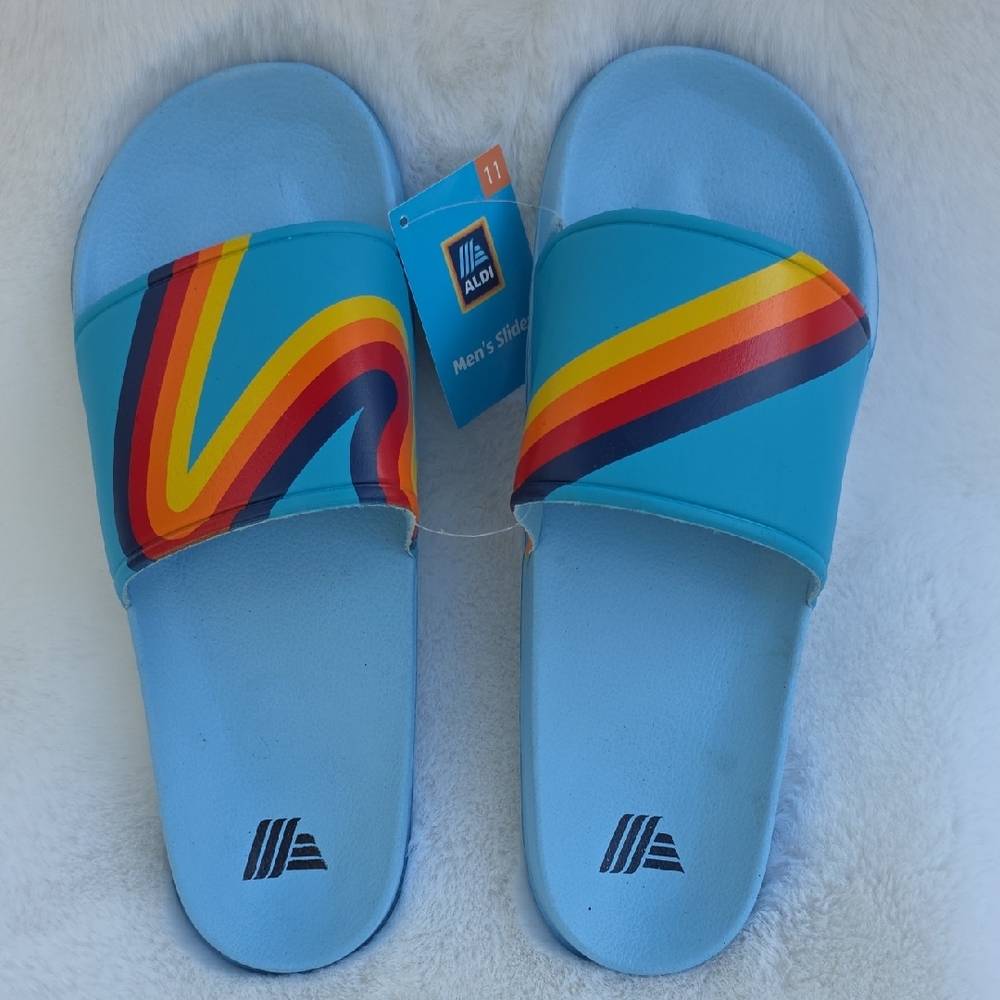 NWT ALDI Gear Men's Blue Rainbow Slide Sandals Size 11 with Arch Support